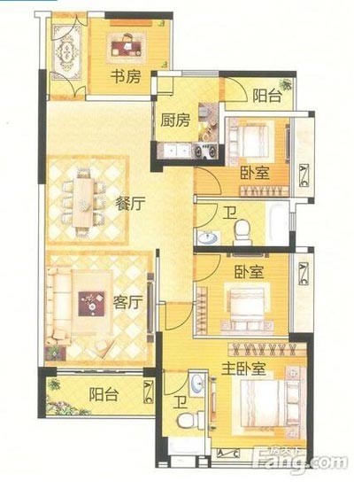 本单元的设计整体色调采用的是木色，不仅沿用了中式的端庄典雅，同时加入一些时尚的元素，让整个空间多了现代的时尚感觉，却不失中式的端庄。